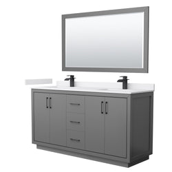 Wyndham Icon 66 Inch Double Bathroom Vanity White Cultured Marble Countertop with Undermount Square Sinks, Matte Black Trim and 58 Inch Mirror - Luxe Bathroom Vanities