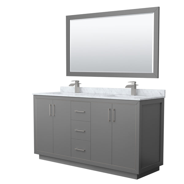 Wyndham Icon 66 Inch Double Bathroom Vanity White Carrara Marble Countertop, Undermount Square Sinks with Brushed Nickel Trim and 58 Inch Mirror - Luxe Bathroom Vanities