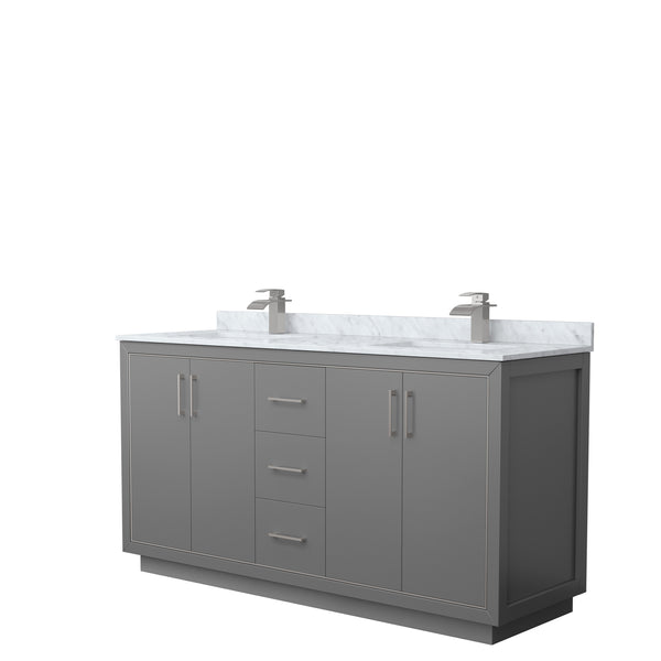 Wyndham Icon 66 Inch Double Bathroom Vanity White Carrara Marble Countertop with Undermount Square Sinks in Brushed Nickel Trim - Luxe Bathroom Vanities