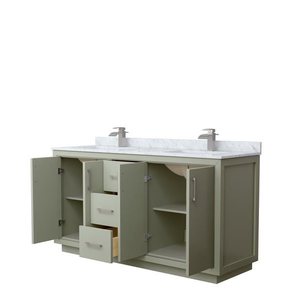 Wyndham Icon 66 Inch Double Bathroom Vanity White Carrara Marble Countertop with Undermount Square Sinks in Brushed Nickel Trim - Luxe Bathroom Vanities