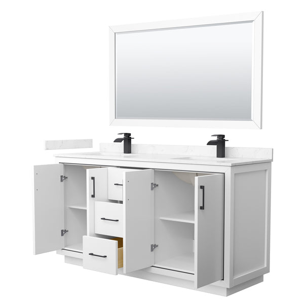 Wyndham Icon 66 Inch Double Bathroom Vanity Carrara Cultured Marble Countertop with Undermount Square Sinks, Matte Black Trim and 58 Inch Mirror - Luxe Bathroom Vanities