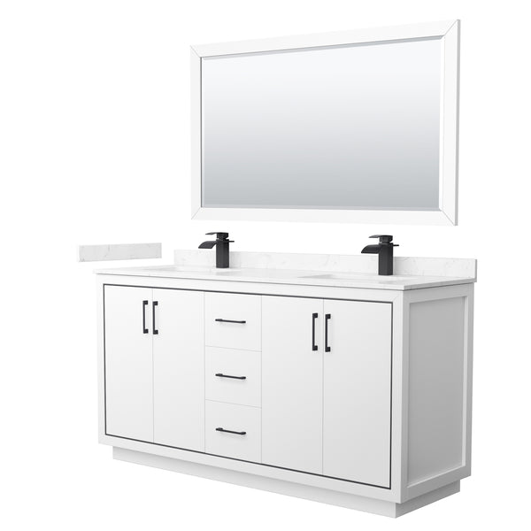 Wyndham Icon 66 Inch Double Bathroom Vanity Carrara Cultured Marble Countertop with Undermount Square Sinks, Matte Black Trim and 58 Inch Mirror - Luxe Bathroom Vanities