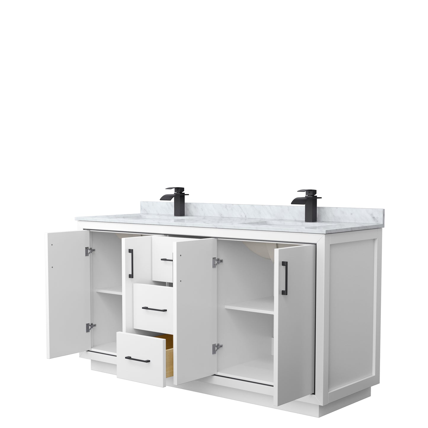 Wyndham Icon 66 Inch Double Bathroom Vanity White Carrara Marble Countertop with Undermount Square Sinks in Matte Black Trim - Luxe Bathroom Vanities