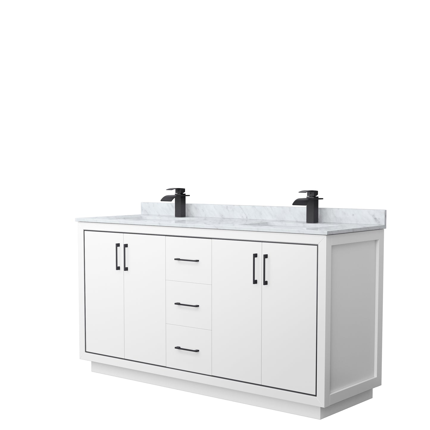 Wyndham Icon 66 Inch Double Bathroom Vanity White Carrara Marble Countertop with Undermount Square Sinks in Matte Black Trim - Luxe Bathroom Vanities