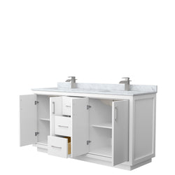 Wyndham Icon 66 Inch Double Bathroom Vanity White Carrara Marble Countertop with Undermount Square Sinks in Brushed Nickel Trim - Luxe Bathroom Vanities