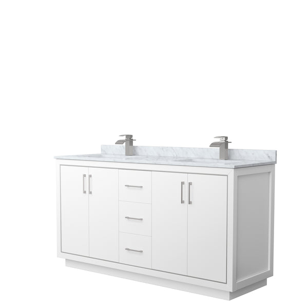 Wyndham Icon 66 Inch Double Bathroom Vanity White Carrara Marble Countertop with Undermount Square Sinks in Brushed Nickel Trim - Luxe Bathroom Vanities