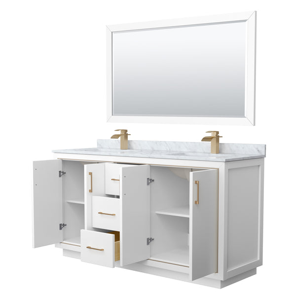 Wyndham Icon 66 Inch Double Bathroom Vanity in White with White Carrara Marble Countertop, Undermount Square Sinks, Satin Bronze Trim and 58 Inch Mirror - Luxe Bathroom Vanities