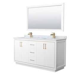 Wyndham Icon 66 Inch Double Bathroom Vanity in White with White Carrara Marble Countertop, Undermount Square Sinks, Satin Bronze Trim and 58 Inch Mirror - Luxe Bathroom Vanities