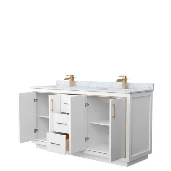 Wyndham Icon 66 Inch Double Bathroom Vanity in White with White Carrara Marble Countertop and Undermount Square Sinks in Satin Bronze Trim - Luxe Bathroom Vanities