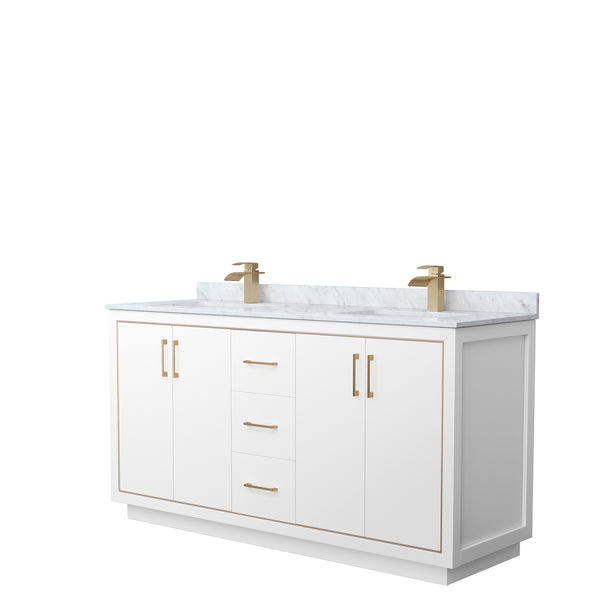 Wyndham Icon 66 Inch Double Bathroom Vanity in White with White Carrara Marble Countertop and Undermount Square Sinks in Satin Bronze Trim - Luxe Bathroom Vanities
