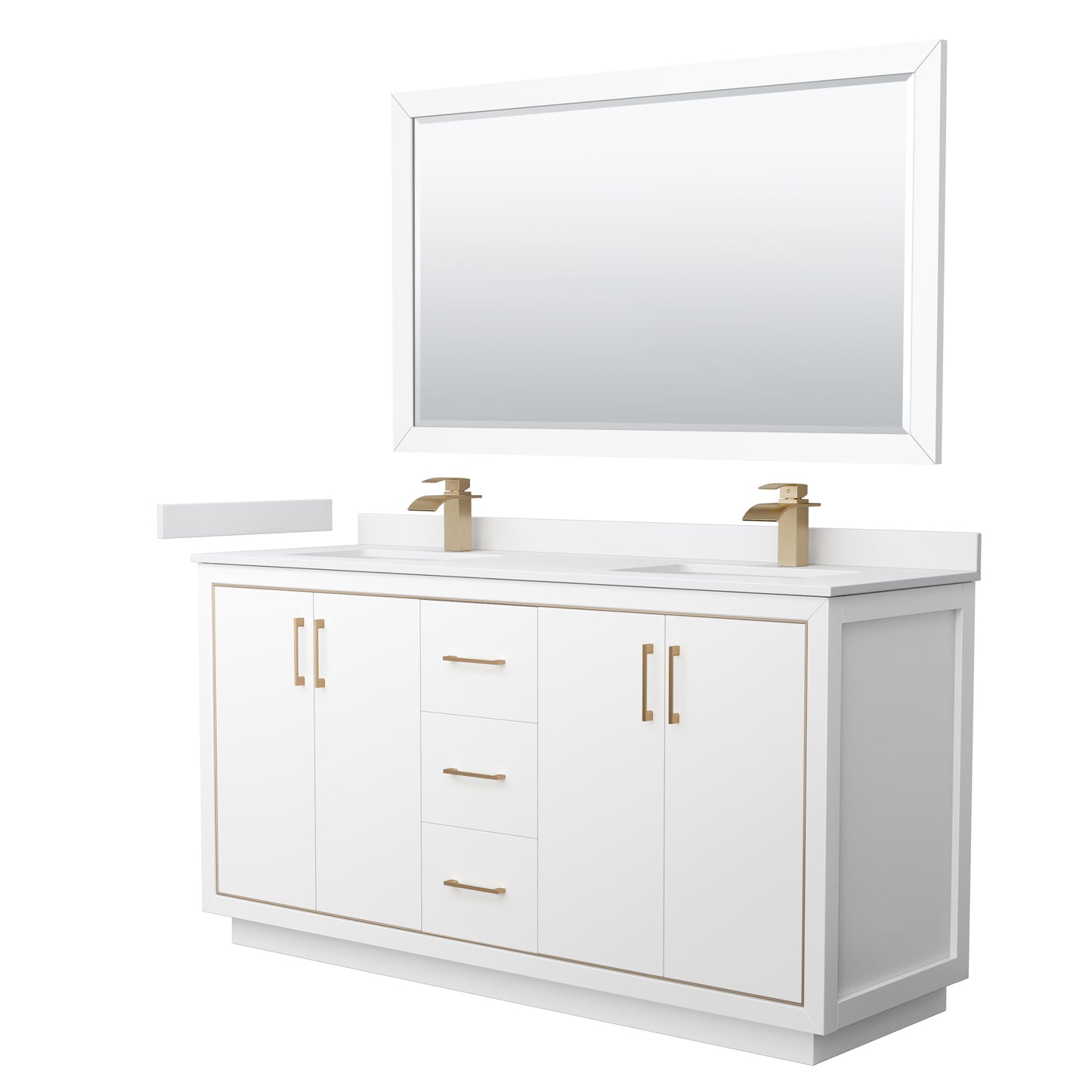 Wyndham Icon 66 Inch Double Bathroom Vanity in White with White Cultured Marble Countertop, Undermount Square Sinks, Satin Bronze Trim and 58 Inch Mirror - Luxe Bathroom Vanities