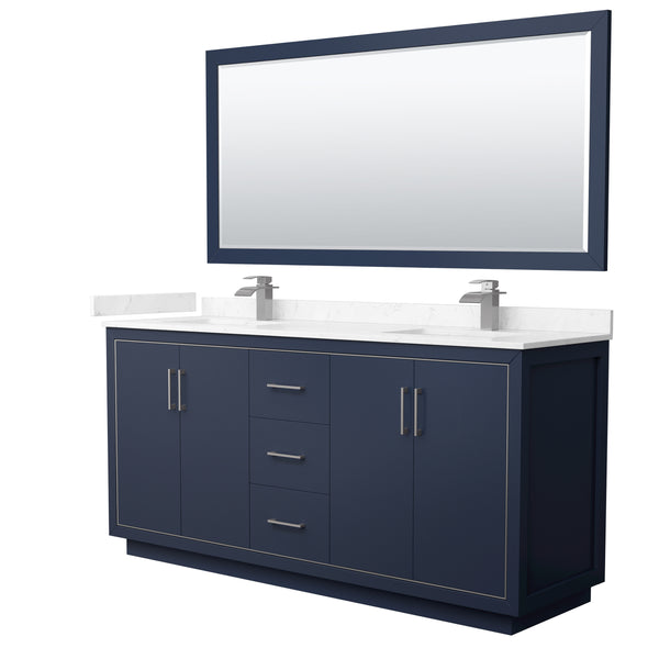 Wyndham Icon 72 Inch Double Bathroom Vanity Carrara Cultured Marble Countertop with Undermount Square Sinks, Brushed Nickel Trim and 70 Inch Mirror - Luxe Bathroom Vanities