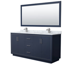 Wyndham Icon 72 Inch Double Bathroom Vanity White Carrara Marble Countertop, Undermount Square Sinks with Brushed Nickel Trim and 70 Inch Mirror - Luxe Bathroom Vanities