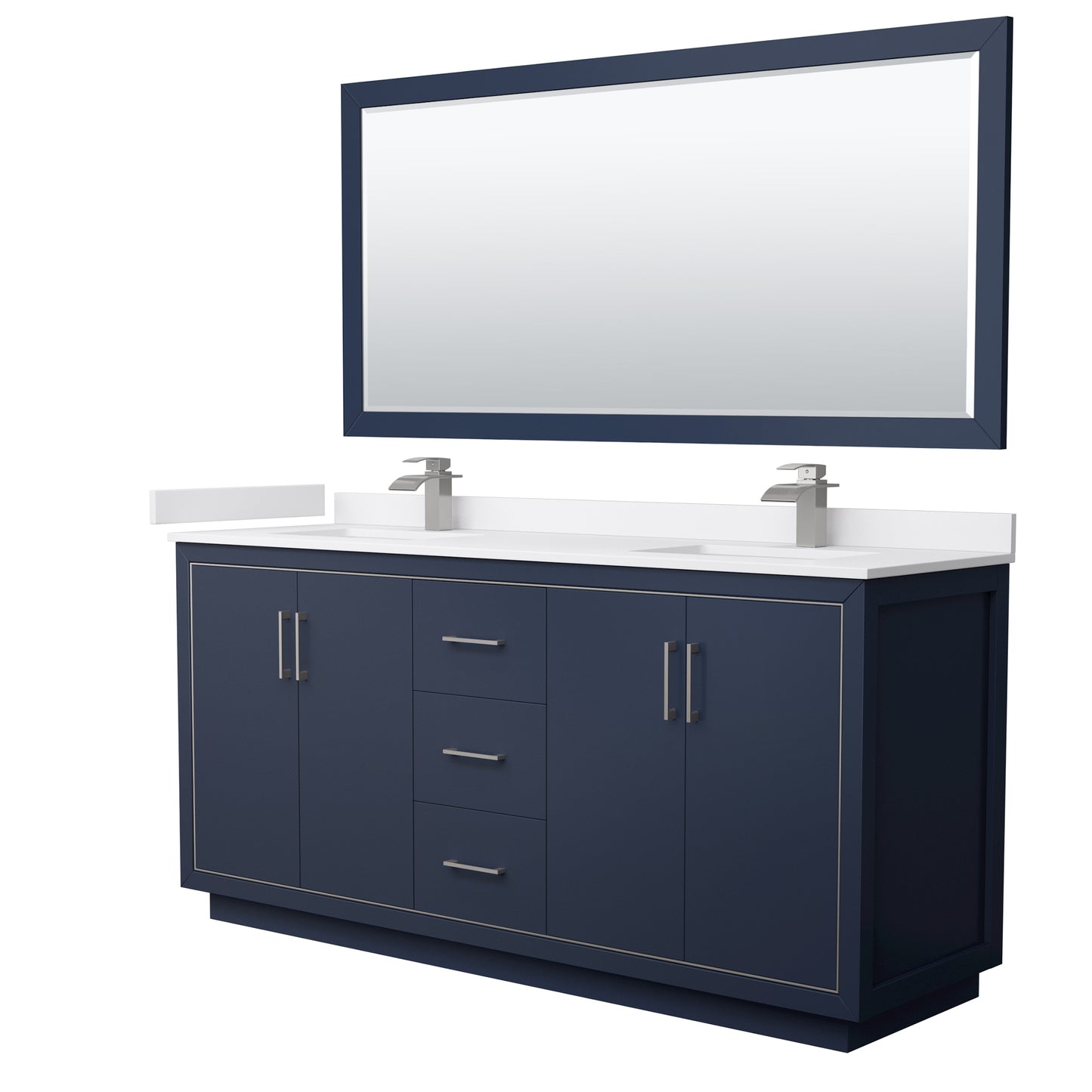 Wyndham Icon 72 Inch Double Bathroom Vanity White Cultured Marble Countertop with Undermount Square Sinks, Brushed Nickel Trim and 70 Inch Mirror - Luxe Bathroom Vanities