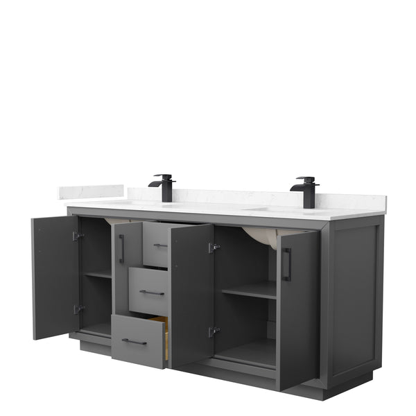 Wyndham Icon 72 Inch Double Bathroom Vanity Carrara Cultured Marble Countertop with Undermount Square Sinks and Matte Black Trim - Luxe Bathroom Vanities