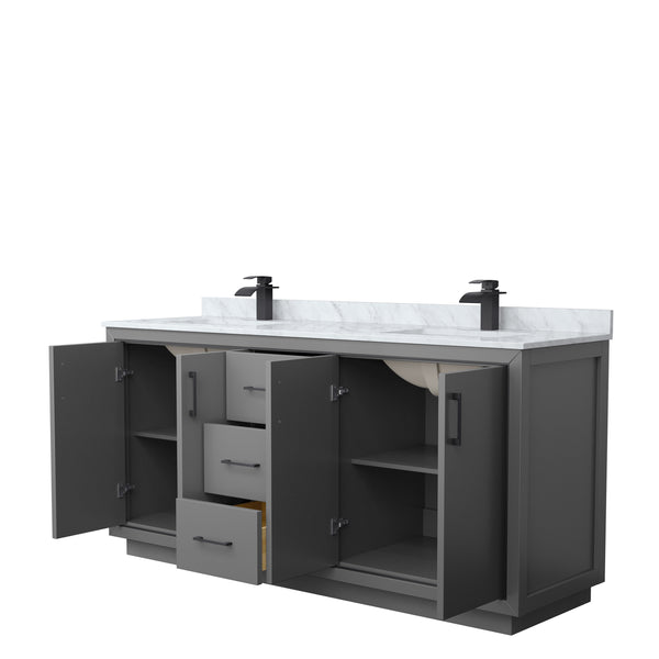 Wyndham Icon 72 Inch Double Bathroom Vanity White Carrara Marble Countertop with Undermount Square Sinks in Matte Black Trim - Luxe Bathroom Vanities