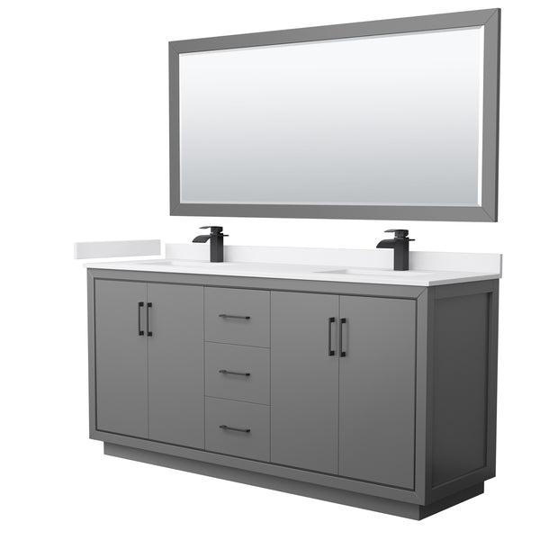 Wyndham Icon 72 Inch Double Bathroom Vanity White Cultured Marble Countertop with Undermount Square Sinks, Matte Black Trim and 70 Inch Mirror - Luxe Bathroom Vanities