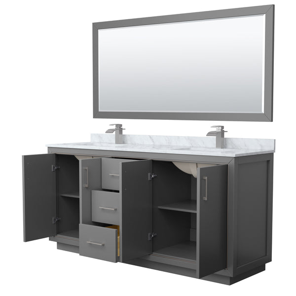 Wyndham Icon 72 Inch Double Bathroom Vanity White Carrara Marble Countertop, Undermount Square Sinks with Brushed Nickel Trim and 70 Inch Mirror - Luxe Bathroom Vanities