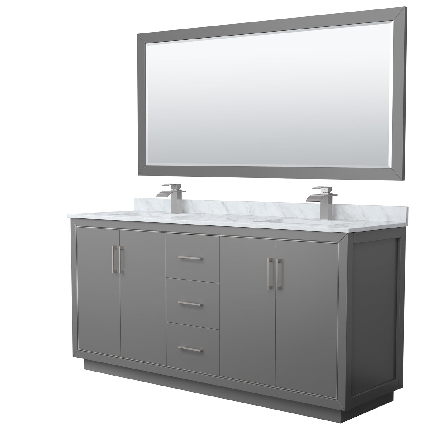 Wyndham Icon 72 Inch Double Bathroom Vanity White Carrara Marble Countertop, Undermount Square Sinks with Brushed Nickel Trim and 70 Inch Mirror - Luxe Bathroom Vanities