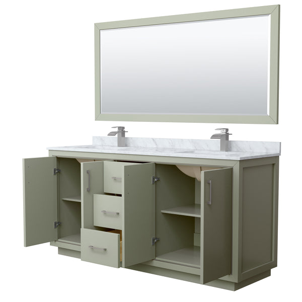 Wyndham Icon 72 Inch Double Bathroom Vanity White Carrara Marble Countertop, Undermount Square Sinks with Brushed Nickel Trim and 70 Inch Mirror - Luxe Bathroom Vanities