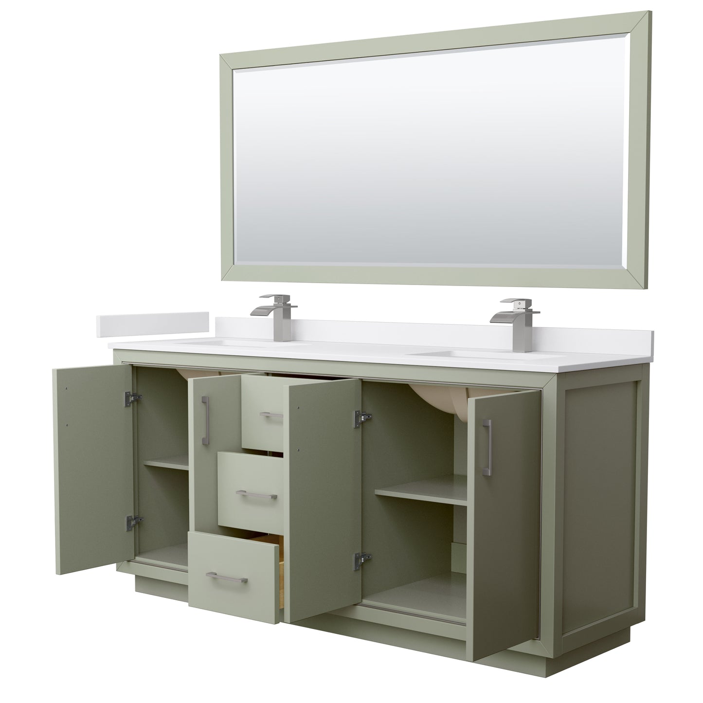 Wyndham Icon 72 Inch Double Bathroom Vanity White Cultured Marble Countertop with Undermount Square Sinks, Brushed Nickel Trim and 70 Inch Mirror - Luxe Bathroom Vanities