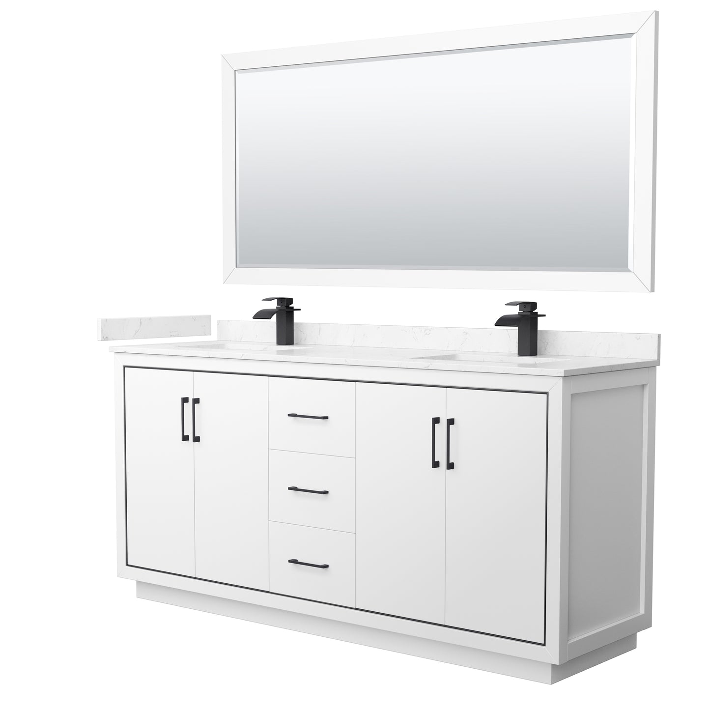 Wyndham Icon 72 Inch Double Bathroom Vanity Carrara Cultured Marble Countertop with Undermount Square Sinks, Matte Black Trim and 70 Inch Mirror - Luxe Bathroom Vanities