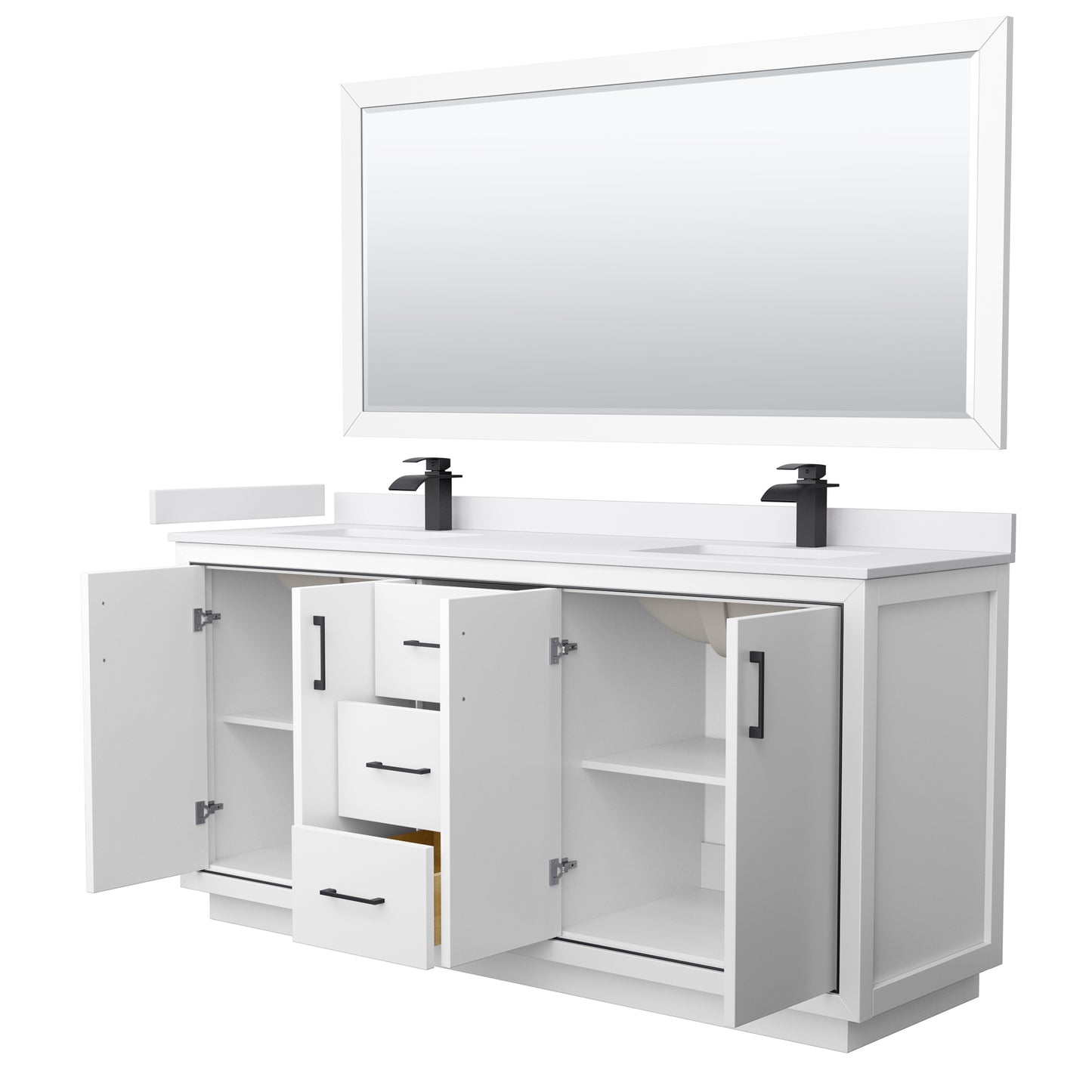 Wyndham Icon 72 Inch Double Bathroom Vanity White Cultured Marble Countertop with Undermount Square Sinks, Matte Black Trim and 70 Inch Mirror - Luxe Bathroom Vanities