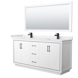 Wyndham Icon 72 Inch Double Bathroom Vanity White Cultured Marble Countertop with Undermount Square Sinks, Matte Black Trim and 70 Inch Mirror - Luxe Bathroom Vanities