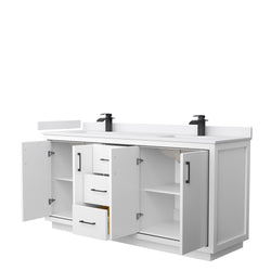 Wyndham Icon 72 Inch Double Bathroom Vanity White Cultured Marble Countertop with Undermount Square Sinks and Matte Black Trim - Luxe Bathroom Vanities