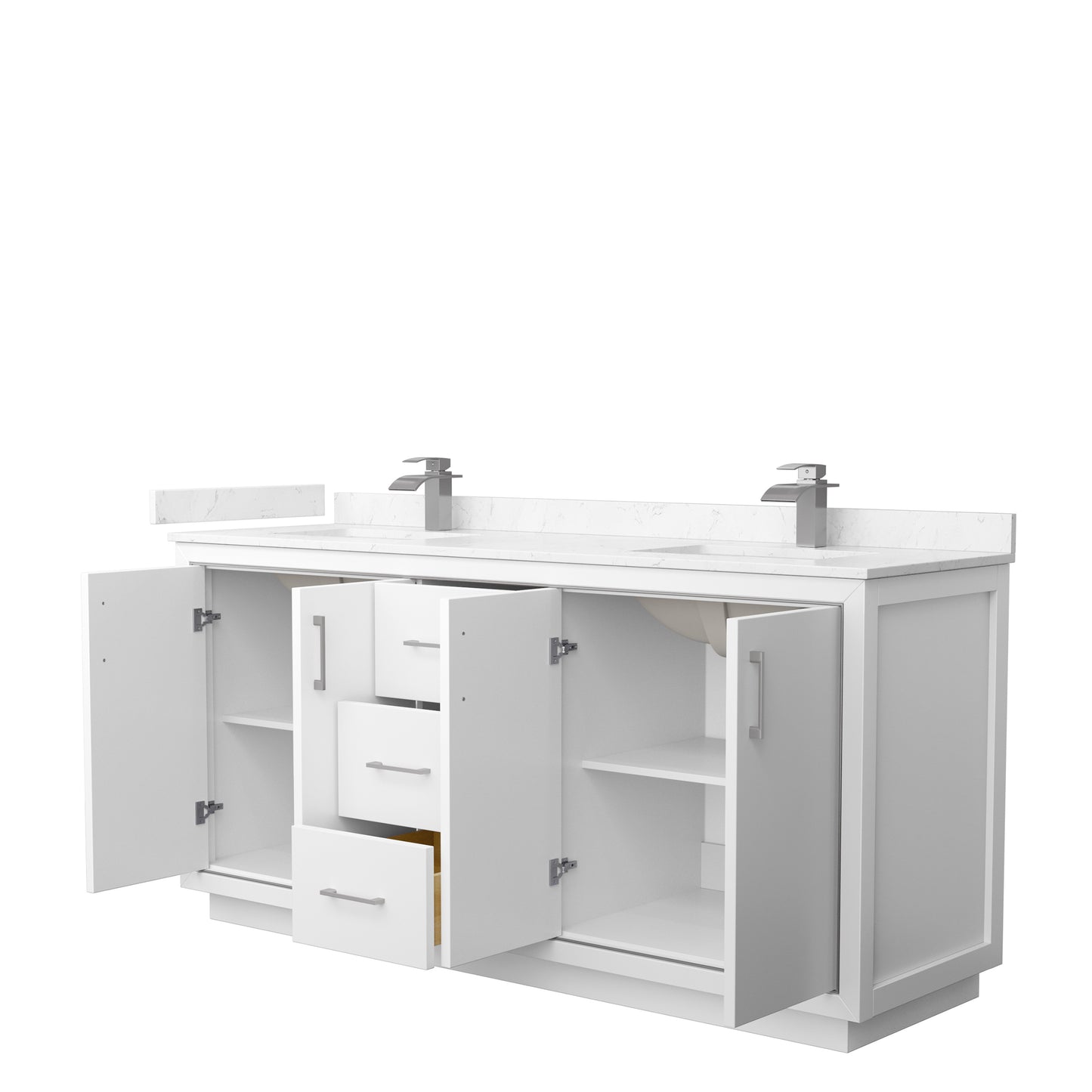 Wyndham Icon 72 Inch Double Bathroom Vanity Carrara Cultured Marble Countertop with Undermount Square Sinks and Brushed Nickel Trim - Luxe Bathroom Vanities