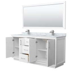 Wyndham Icon 72 Inch Double Bathroom Vanity White Carrara Marble Countertop, Undermount Square Sinks with Brushed Nickel Trim and 70 Inch Mirror - Luxe Bathroom Vanities