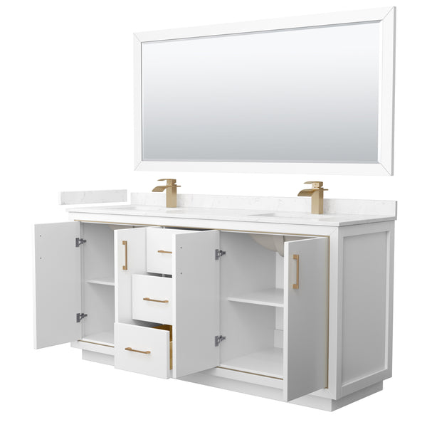 Wyndham Icon 72 Inch Double Bathroom Vanity in White with Carrara Cultured Marble Countertop, Undermount Square Sinks, Satin Bronze Trim and 70 Inch Mirror - Luxe Bathroom Vanities