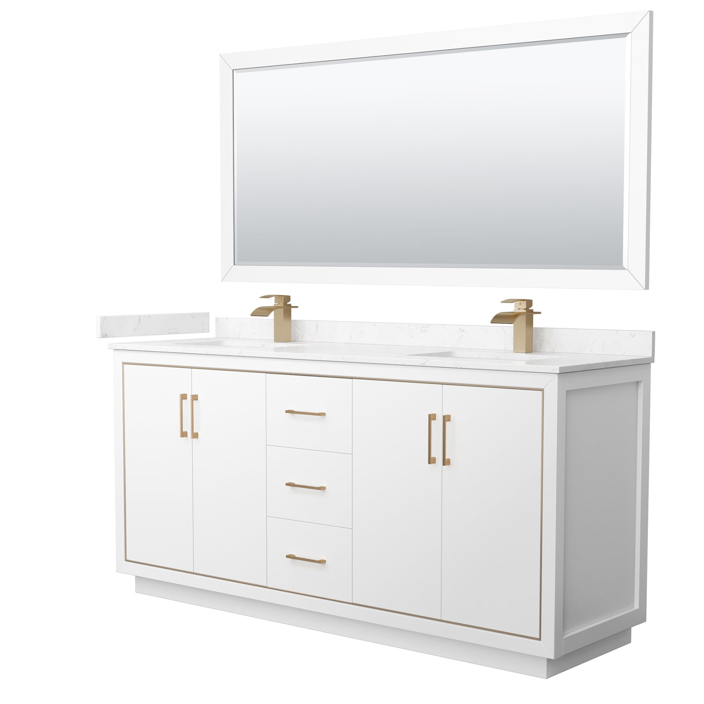 Wyndham Icon 72 Inch Double Bathroom Vanity in White with Carrara Cultured Marble Countertop, Undermount Square Sinks, Satin Bronze Trim and 70 Inch Mirror - Luxe Bathroom Vanities