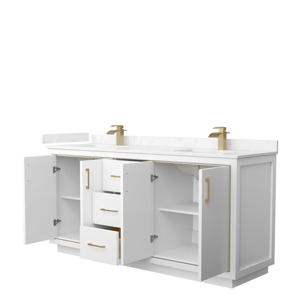 Wyndham Icon 72 Inch Double Bathroom Vanity in White with Carrara Cultured Marble Countertop, Undermount Square Sinks and Satin Bronze Trim - Luxe Bathroom Vanities