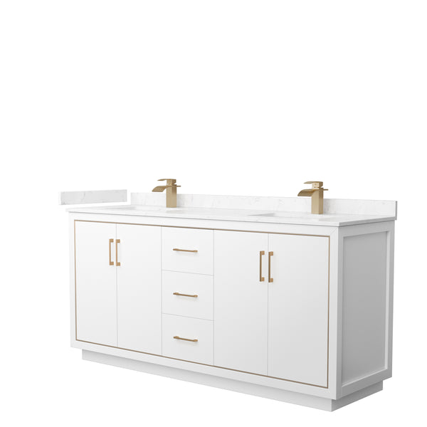 Wyndham Icon 72 Inch Double Bathroom Vanity in White with Carrara Cultured Marble Countertop, Undermount Square Sinks and Satin Bronze Trim - Luxe Bathroom Vanities