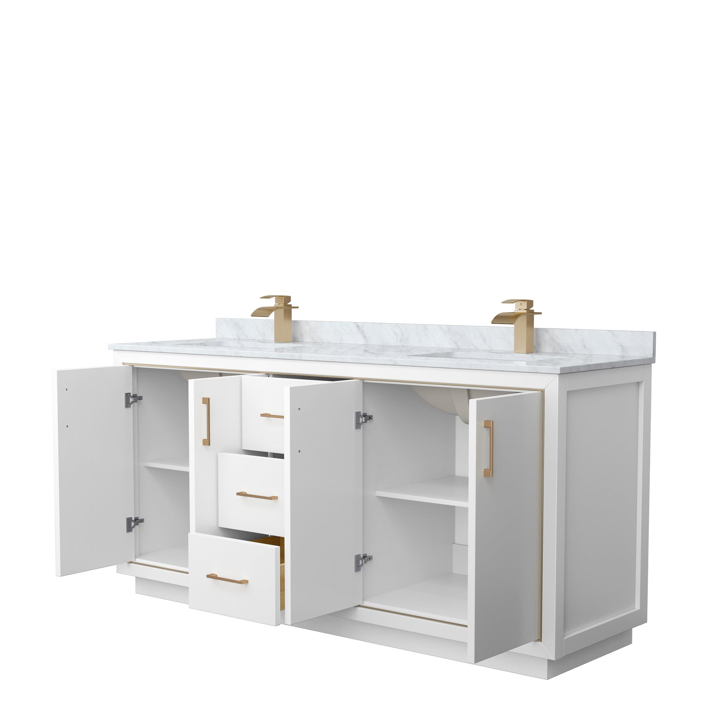 Wyndham Icon 72 Inch Double Bathroom Vanity in White with White Carrara Marble Countertop and Undermount Square Sinks in Satin Bronze Trim - Luxe Bathroom Vanities