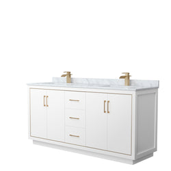 Wyndham Icon 72 Inch Double Bathroom Vanity in White with White Carrara Marble Countertop and Undermount Square Sinks in Satin Bronze Trim - Luxe Bathroom Vanities