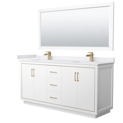 Wyndham Icon 72 Inch Double Bathroom Vanity in White with White Cultured Marble Countertop, Undermount Square Sinks, Satin Bronze Trim and 70 Inch Mirror - Luxe Bathroom Vanities