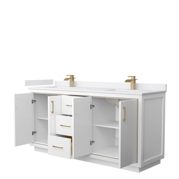 Wyndham Icon 72 Inch Double Bathroom Vanity in White with White Cultured Marble Countertop, Undermount Square Sinks and Satin Bronze Trim - Luxe Bathroom Vanities