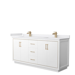 Wyndham Icon 72 Inch Double Bathroom Vanity in White with White Cultured Marble Countertop, Undermount Square Sinks and Satin Bronze Trim - Luxe Bathroom Vanities