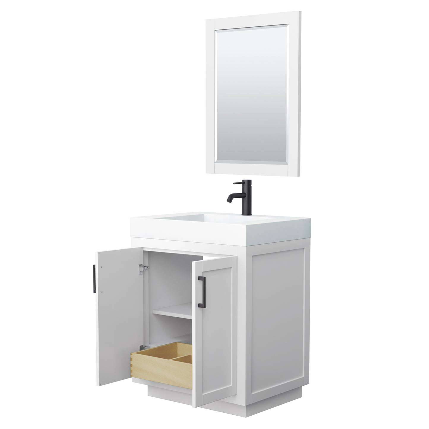 Wyndham Miranda 30 Inch Single Bathroom Vanity in 4 Inch Thick Matte White Solid Surface Integrated Countertop and Sink with Trim - Luxe Bathroom Vanities