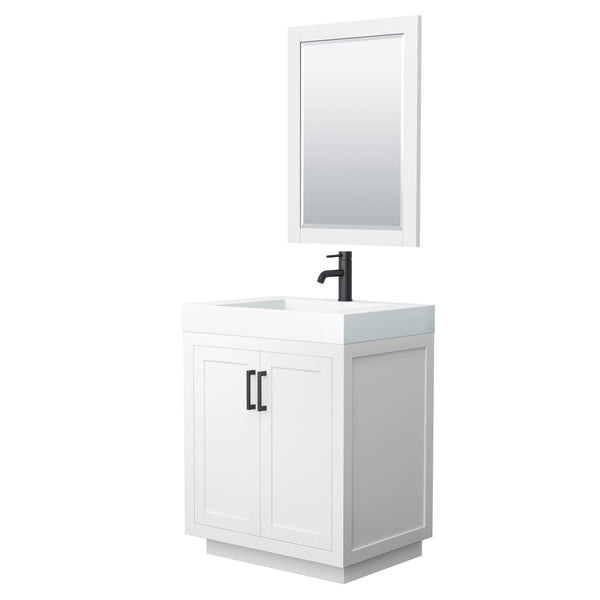 Wyndham Miranda 30 Inch Single Bathroom Vanity in 4 Inch Thick Matte White Solid Surface Integrated Countertop and Sink with Trim - Luxe Bathroom Vanities