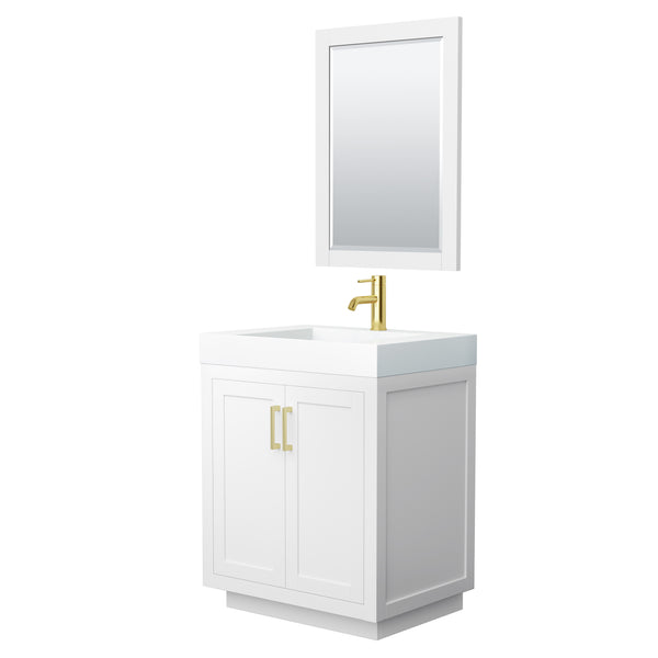 Wyndham Miranda 30 Inch Single Bathroom Vanity in 4 Inch Thick Matte White Solid Surface Integrated Countertop and Sink with Trim - Luxe Bathroom Vanities