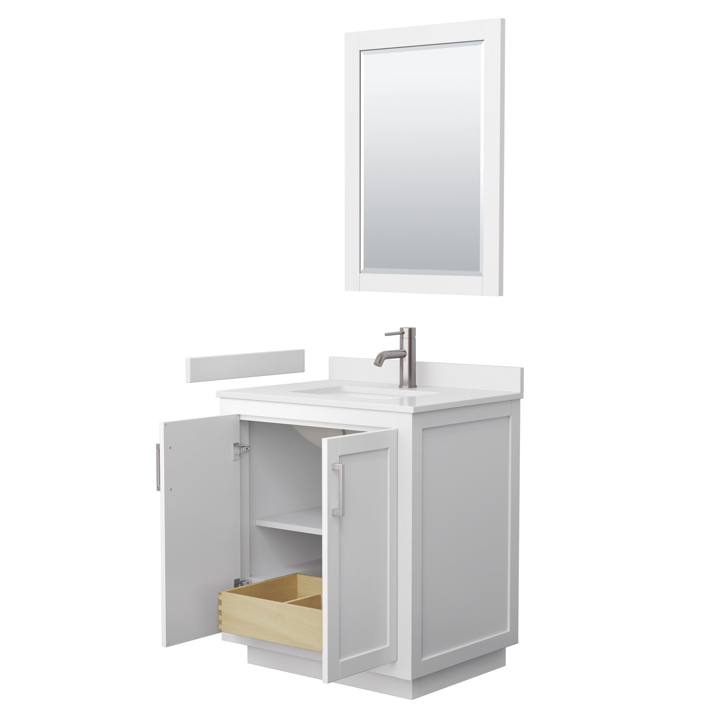 Wyndham Miranda 30 Inch Single Bathroom Vanity in White Cultured Marble Countertop with Undermount Square Sink and Trim - Luxe Bathroom Vanities