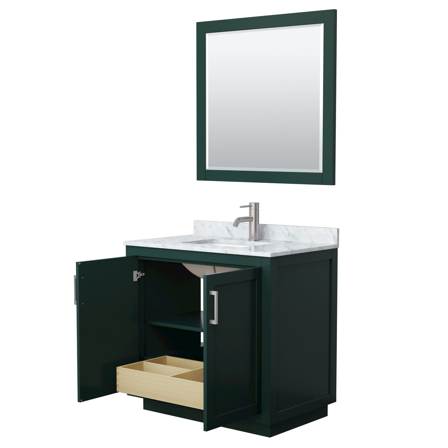 Wyndham Miranda 36 Inch Single Bathroom Vanity in Green with White Carrara Marble Countertop Undermount Square Sink and Trim - Luxe Bathroom Vanities