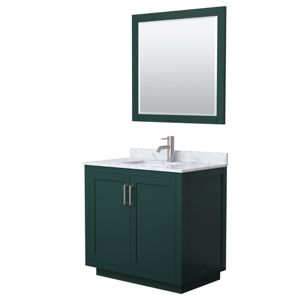 Wyndham Miranda 36 Inch Single Bathroom Vanity in Green with White Carrara Marble Countertop Undermount Square Sink and Trim - Luxe Bathroom Vanities