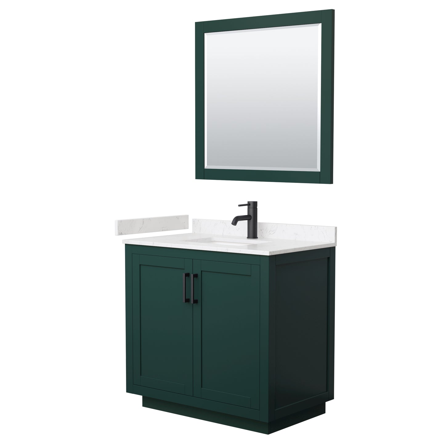 Wyndham Miranda 36 Inch Single Bathroom Vanity in Green with Light-Vein Carrara Cultured Marble Countertop Undermount Square Sink and Trim - Luxe Bathroom Vanities