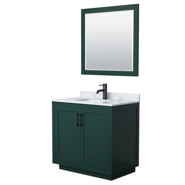 Wyndham Miranda 36 Inch Single Bathroom Vanity in Green with White Carrara Marble Countertop Undermount Square Sink and Trim - Luxe Bathroom Vanities