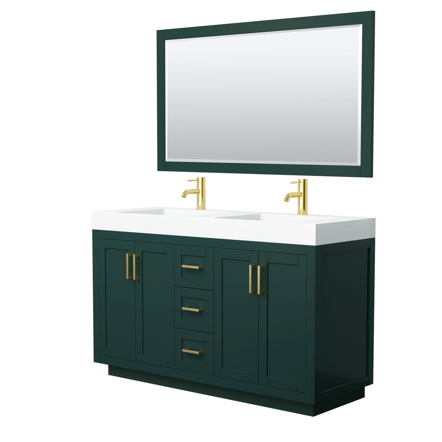 Wyndham Miranda 60 Inch Double Bathroom Vanity in Green with 4 Inch Thick Matte White Solid Surface Integrated Countertop Sinks and Trim - Luxe Bathroom Vanities