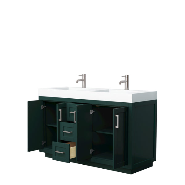 Wyndham Miranda 60 Inch Double Bathroom Vanity in Green with 4 Inch Thick Matte White Solid Surface Integrated Countertop Sinks and Trim - Luxe Bathroom Vanities